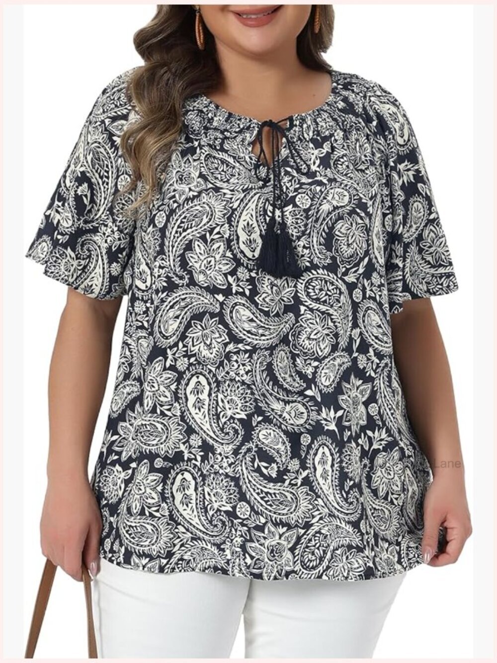Plus Size Boho Print Crew Neck Tie T-Shirt Blouse